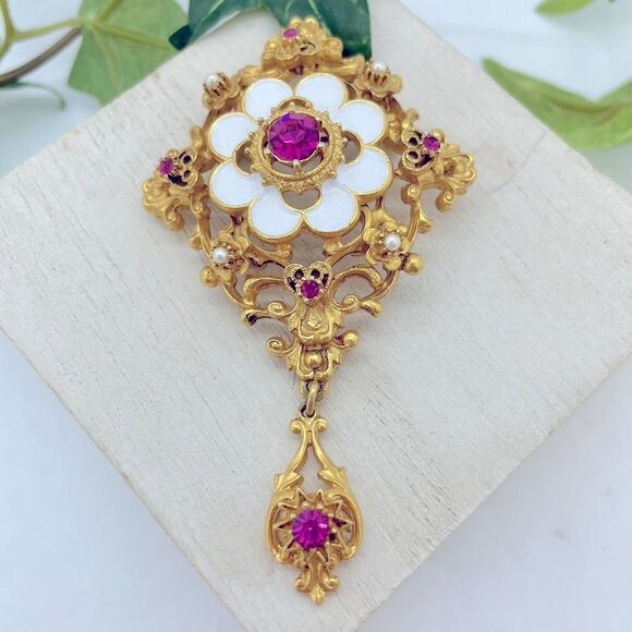 Vintage Florenza Renaissance Inspired Diamond EnMel Rhinestone Statement Brooch - Picture 1 of 10